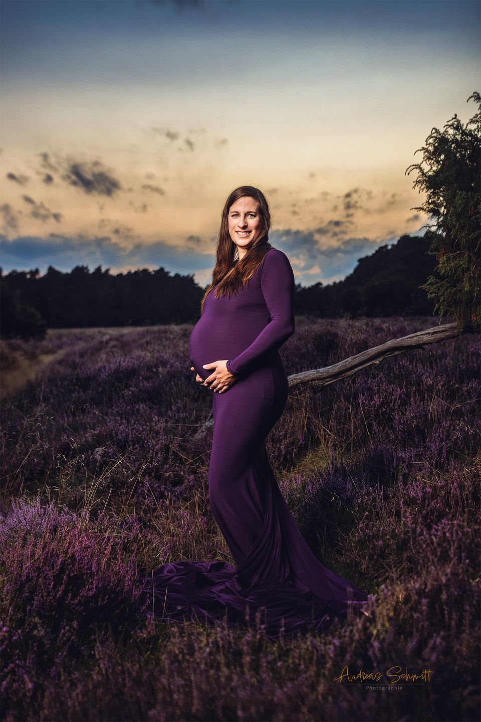 Schwangere Frau im Kleid in der blühenden Heide