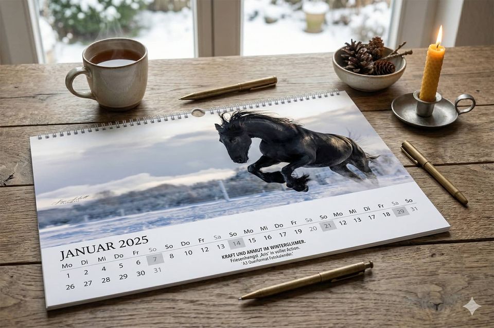 Wandkalender mit einem Friesenhengst im Schnee auf einem Holztisch